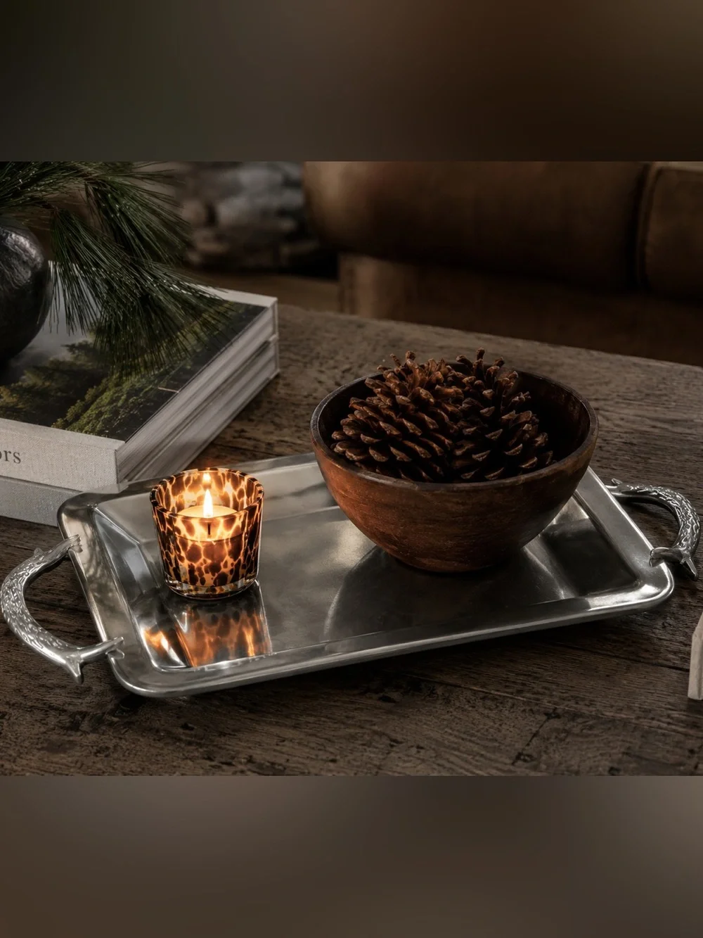 Sculptural Antler Handle Serving Tray Rustic Lodge Equestrian Style #06302610